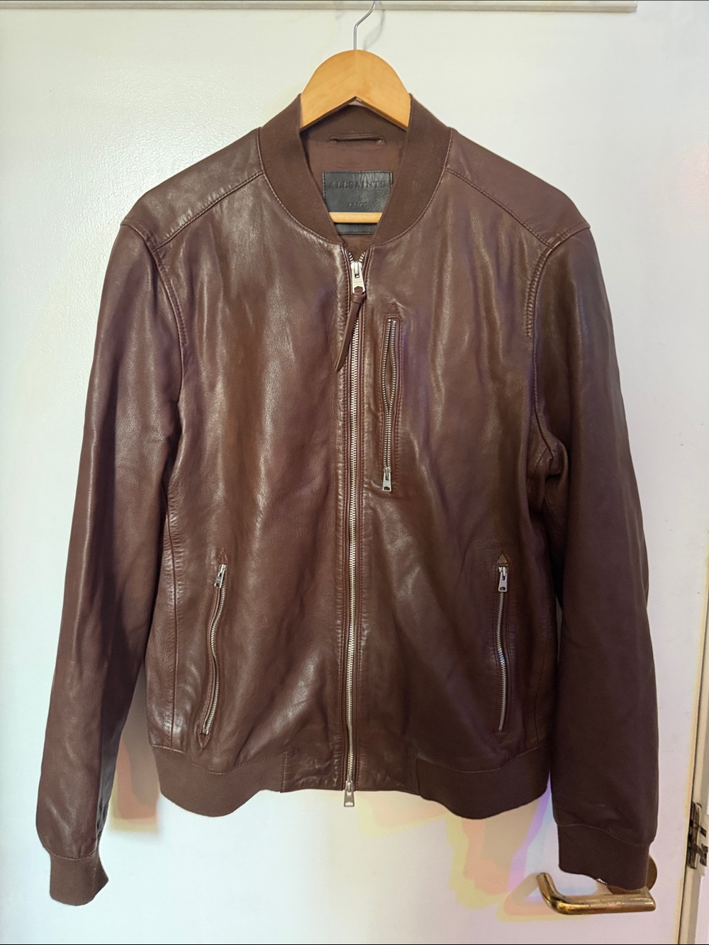 AllSaints Chocolate Brown Leather Bomber Jacket